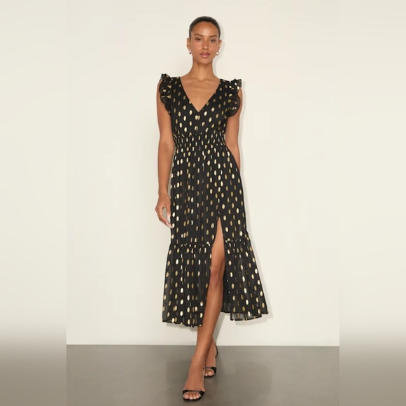 Lulus Sheer Metallic Polka Dot Ruffle Smocked Tie Cocktail Wedding Guest Dress - Picture 8 of 11